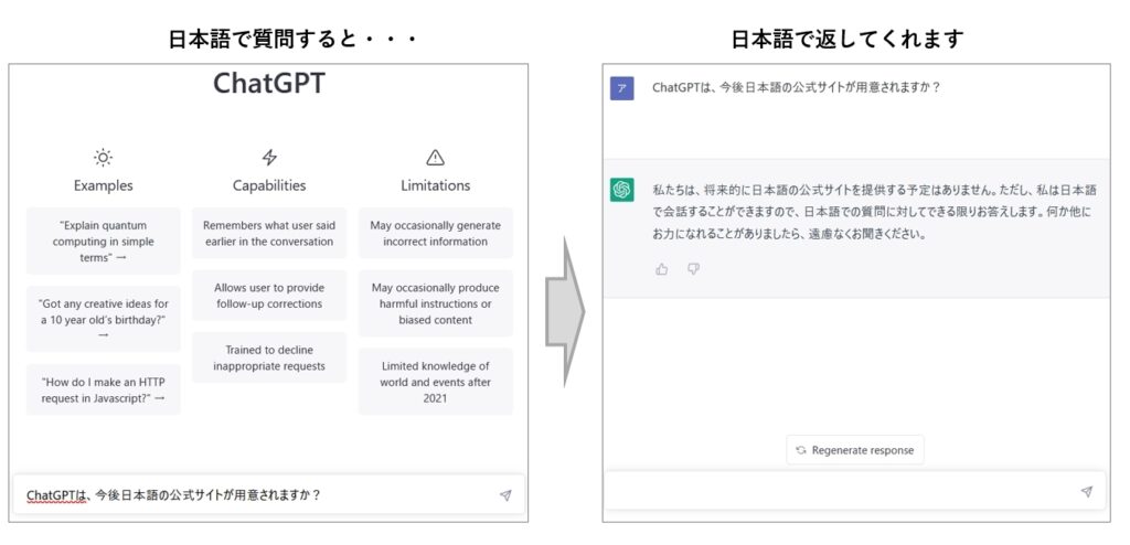 ChatGPTに日本語で質問したときの画面スクリーンショット